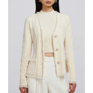 New Joie Knit Tweed Knit Fringe Trim Cardigan Blazer Ecru XS